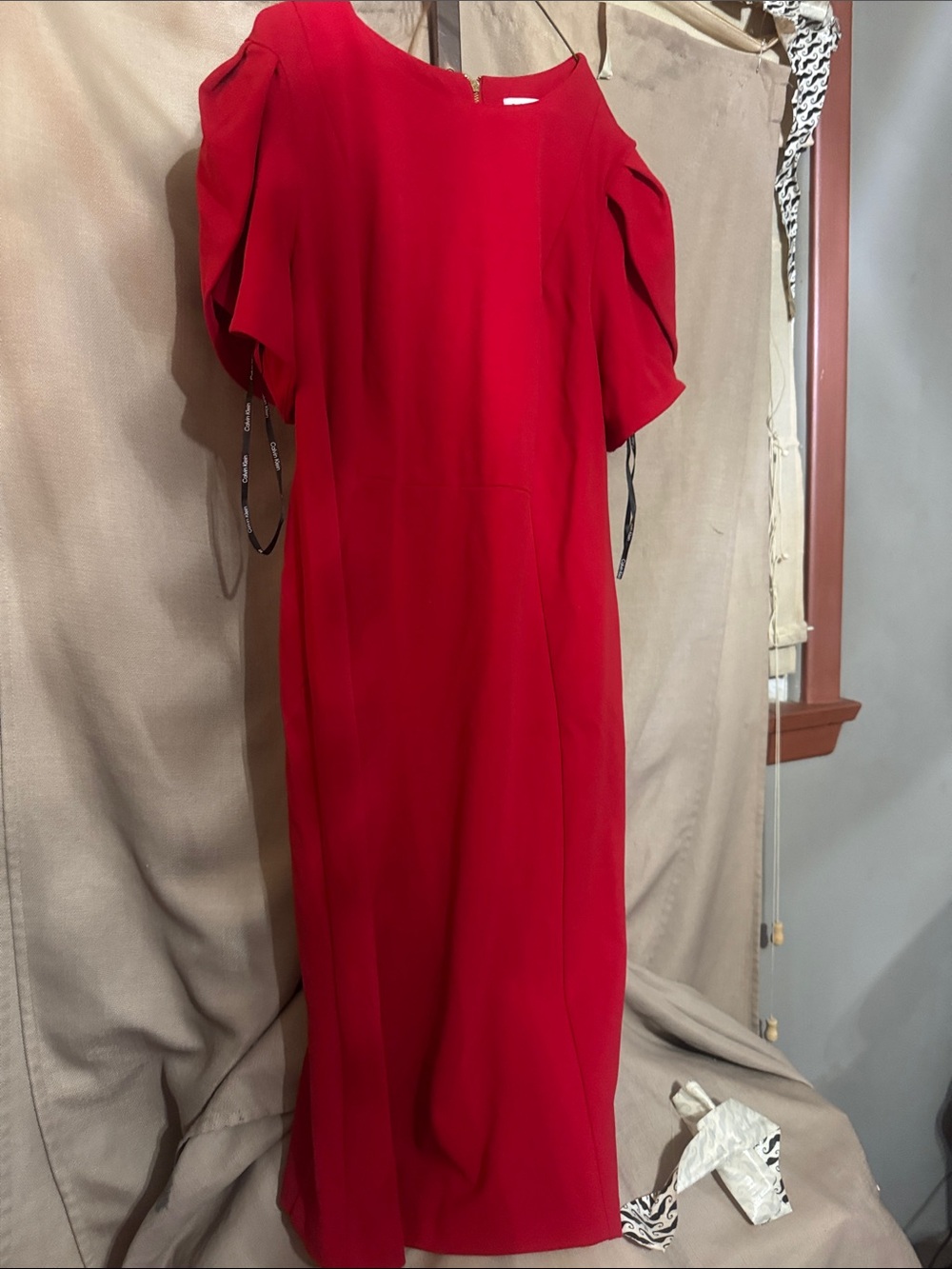 Calvin Klein Red Maxi Dress with Puff Sleeves-S-23-3